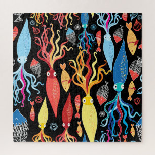 Multicolored Squid Fish Black Background Jigsaw Puzzle