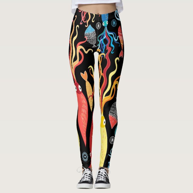 Multicolored Squid Fish Black Background Leggings (Front)