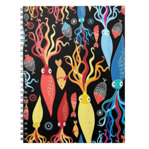 Multicolored Squid Fish Black Background Notebook