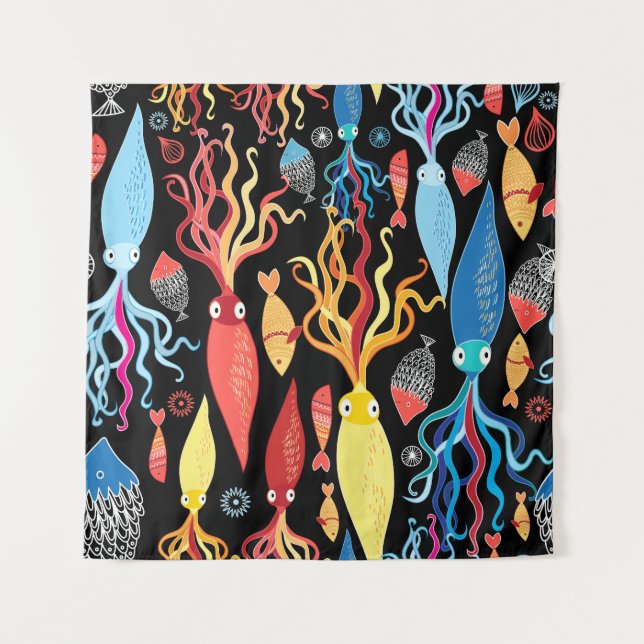 Multicolored Squid Fish Black Background Tapestry (Front)