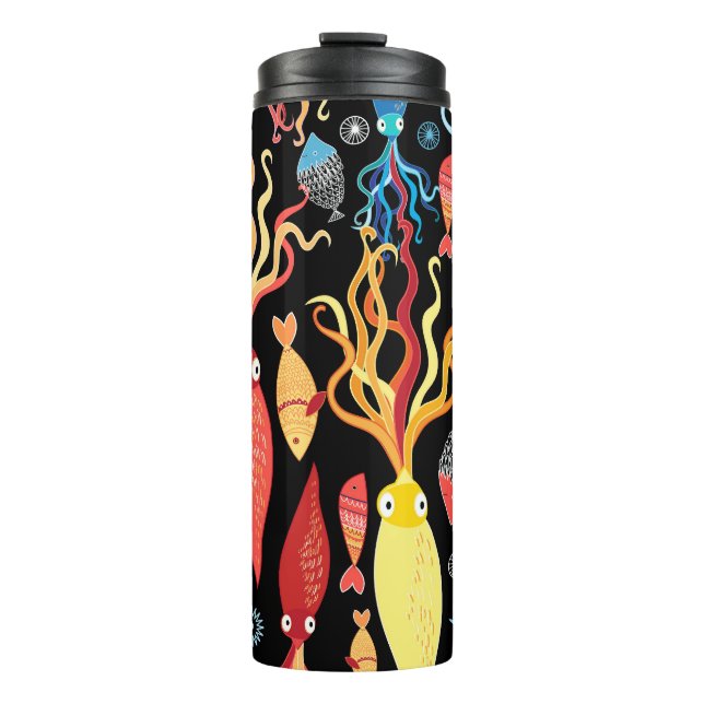 Multicolored Squid Fish Black Background Thermal Tumbler (Front)