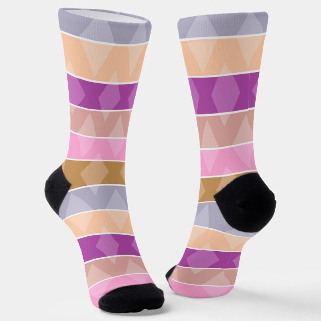 Multicolored striped geometric retro pattern socks (Angled)