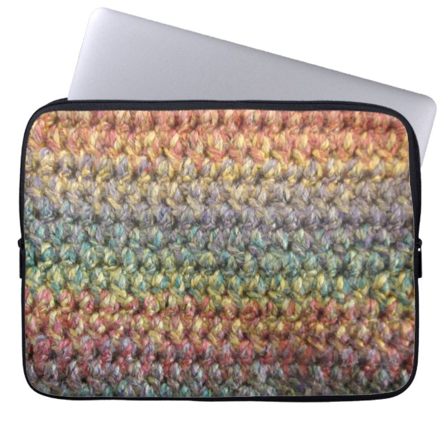 Multicolored striped knitted crochet laptop sleeve (Front)