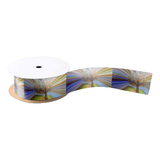 Multicolored Stripes Autumn Tree Art Satin Ribbon (Spool)
