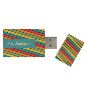 Multicolored Stripes with Teal Banner, Personalise Wood USB Flash Drive