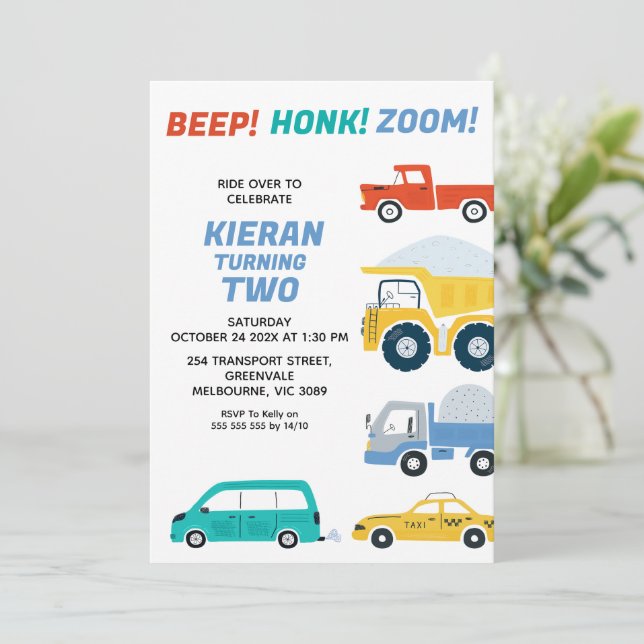 Multicolored Vehicles Transport Birthday  Invitation (Standing Front)