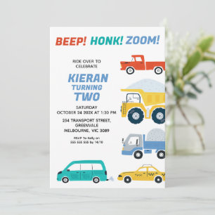 Multicolored Vehicles Transport Birthday  Invitation