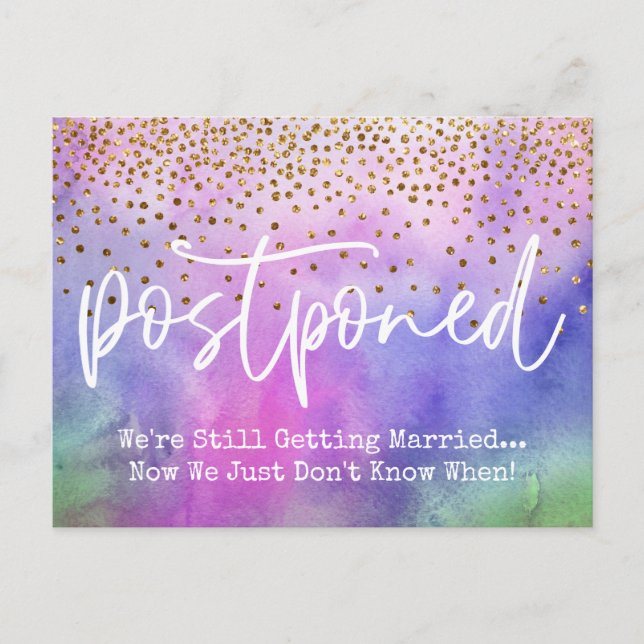 Multicolored Watercolor Confetti Postponed Wedding Postcard (Front)