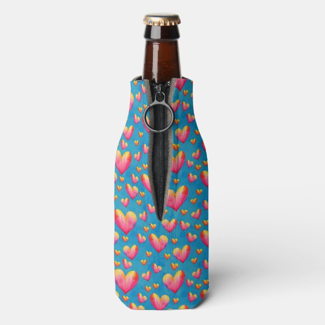 Multicolored Watercolor Hearts Bottle Cooler (Bottle Back)
