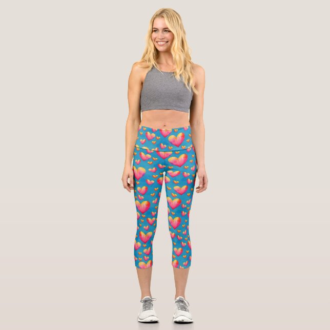Multicolored Watercolor Hearts High Waisted Capris (Front)