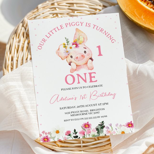 Multicolored Wildflowers Little Piggy 1st Birthday Invitation (Little Piggy 1st Birthday Invitation for Girl Multicolored Wildflowers Our Little Piggy Invite)