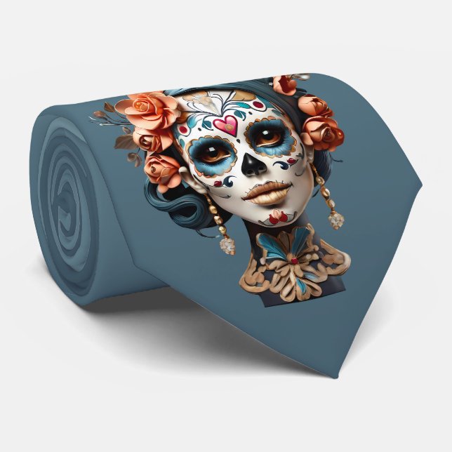 Multicolored Women Sugar Skull Día de los Muertos  Tie (Rolled)