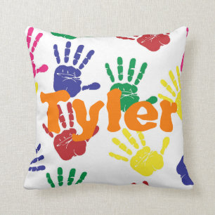 Multicoloured handprint children's personalised cushion