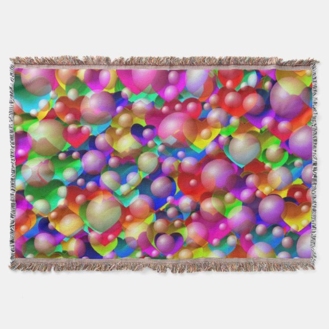 Multicoloured Hearts and Bubbles Throw Blanket (Front)