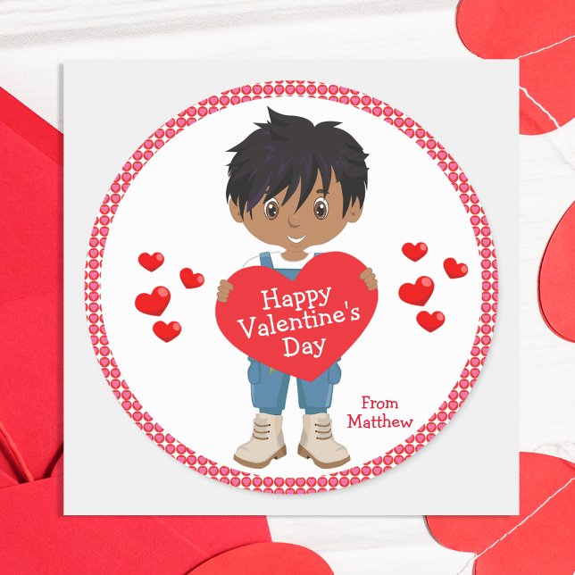 Multicultural Boy Happy Valentine's Day Classic Round Sticker (Creator Uploaded)