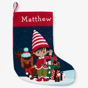 Multicultural Elf Boy with Rudolph Small Christmas Stocking