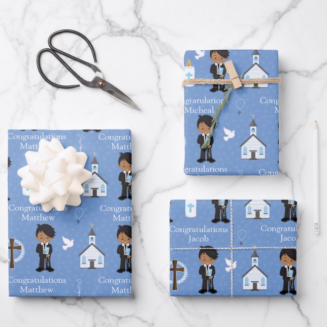 Multicultural First Communion Boy Wrapping Paper Sheet (Front)