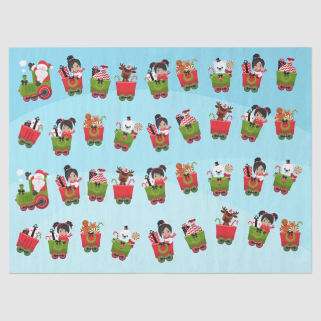Multicultural Girl Riding Christmas Train Tissue Paper (Front)