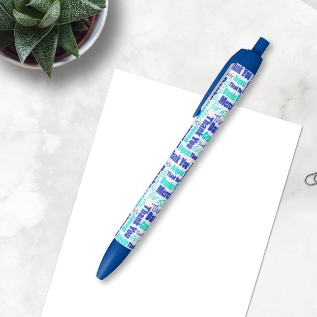 Multilingual Blue Turquoise Thank You Typography Black Ink Pen (The word cloud pen is a nice gift idea for volunteers, teacher or other people you want to thank. )