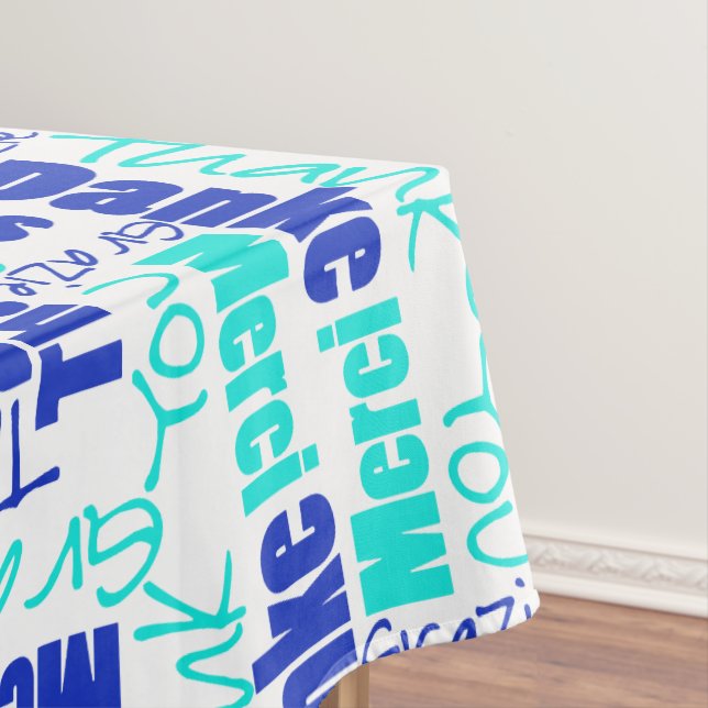 Multilingual Blue Turquoise Thank You Typography Tablecloth (In Situ)
