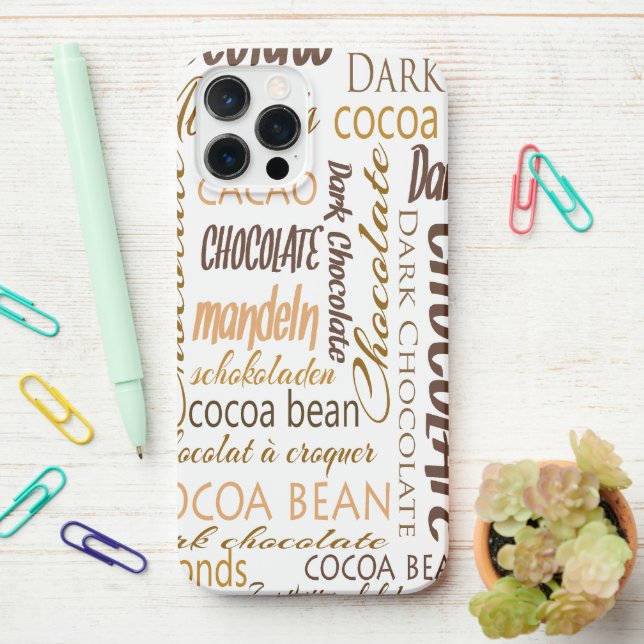 Multilingual Chocolate Typography Word Collage  iPhone Case (On Desk)