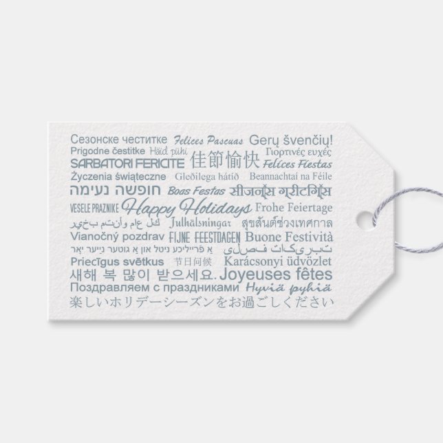 Multilingual “Happy Holidays” custom gift tags (Front (Horizontal))