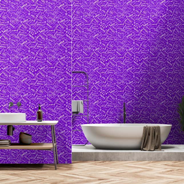 Multilingual Love Text Custom Colours Purple Wallpaper (Bathroom)