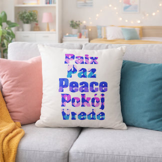 Multilingual Peace Typography with Pastel Hearts Cushion