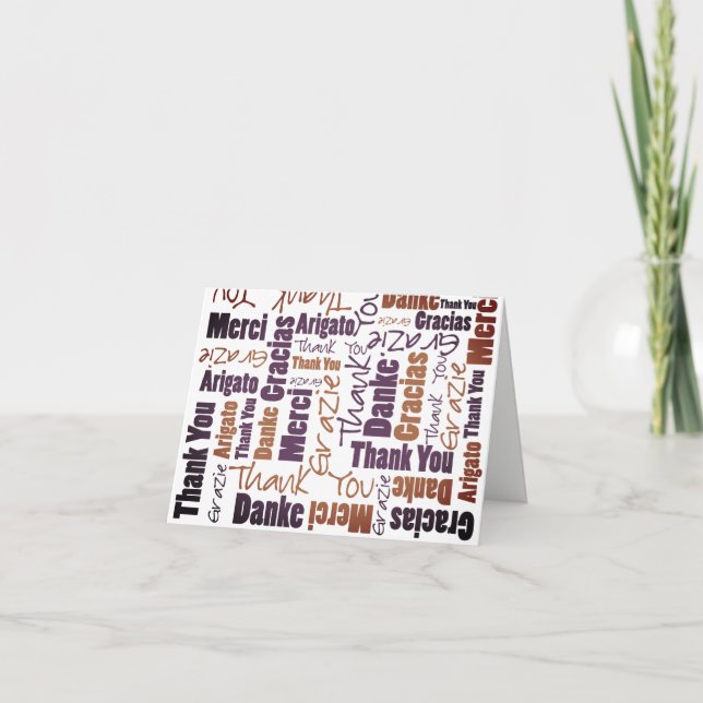Multilingual Purple Brown Black Typography Collage Thank You Card (Front)