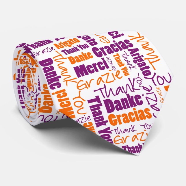 Multilingual Purple Orange Thank You Typography Tie (Rolled)