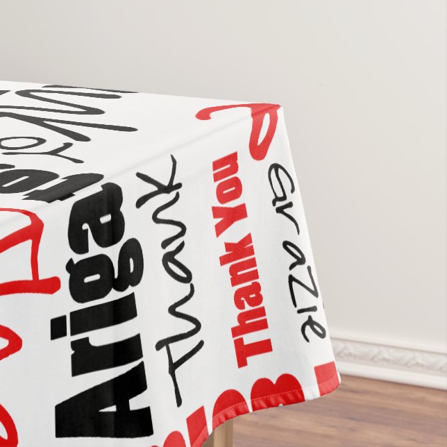 Multilingual Red Black Thank You Typography Tablecloth (In Situ)