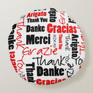 Multilingual Thank You Red Black Typography Round Cushion