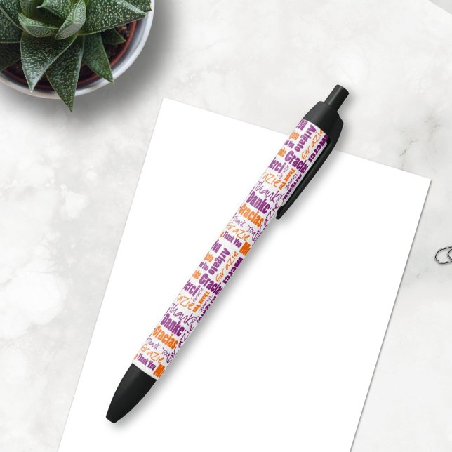 Multilingual Thank You Typography Collage Black Ink Pen (This gratitude pen is a nice gift idea for volunteers, teacher or other people you want to thank. )