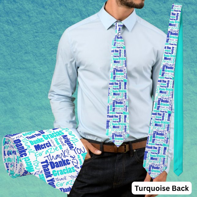 Multilingual Thank You Typography Collage Tie (Blue and turquoise multilingual thank you word cloud polyester tie. )