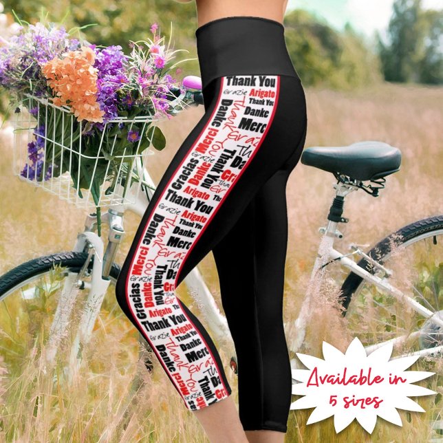 Multilingual Thank You Typography Vertical Stripes Capri Leggings (An outside border of red and black multilingual thank you sets off these capri style leggings. )
