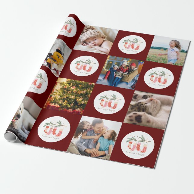 Multiphoto Merry & Bright Family Pattern Christmas Wrapping Paper (Unrolled)
