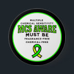 Multiple Chemical Sensitivity MCS Awareness  7.5 Cm Round Badge<br><div class="desc">Yellow and green awareness ribbon for MCS,  Multiple Chemical Sensitivity Disorder.  Fragrance-free,  chemical-free.</div>