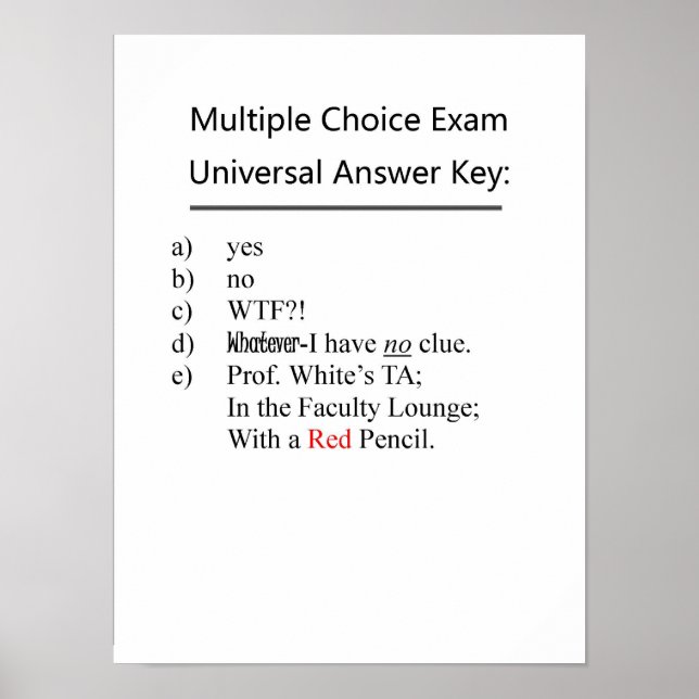 Multiple Choice Exam Universal Answer Key Poster (Front)