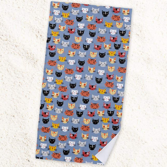 Multiple Fun Kitty Cats Pattern Blue Beach Towel (Cute cats beach towel for animal lovers)