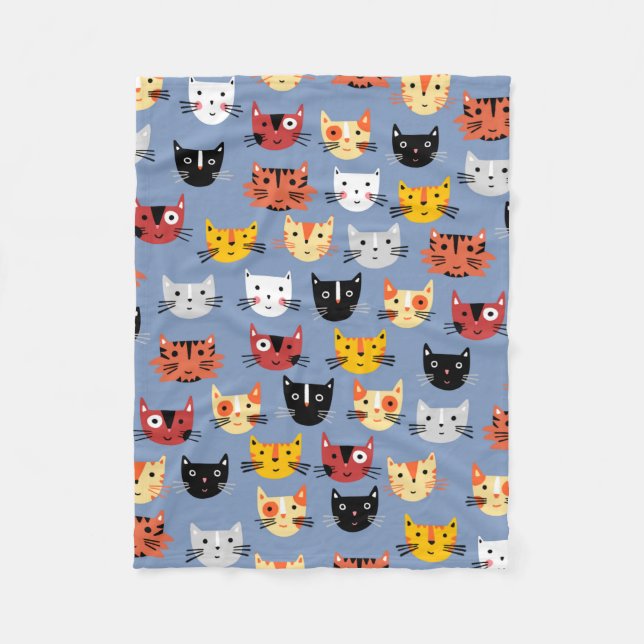 Multiple Fun Kitty Cats Pattern Blue Fleece Blanket (Front)