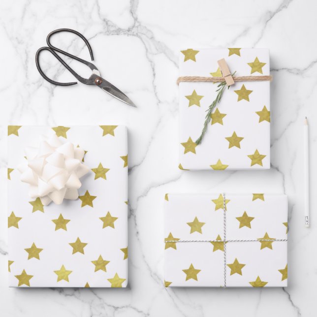 Multiple Golden Stars on White Background Wrapping Paper Sheet (Front)