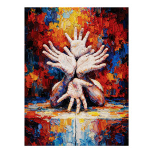 Multiple Hands Reaching Upward Expressive Abstract Poster