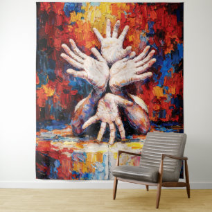 Multiple Hands Reaching Upward Expressive Abstract Tapestry