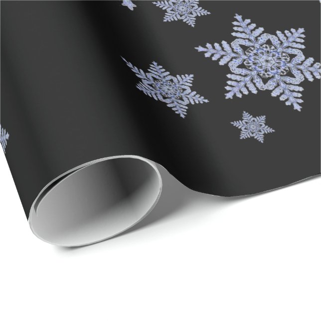 Multiple Images of Real Snowflake on Black Wrapping Paper (Roll Corner)