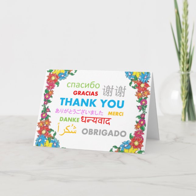 Multiple Language Colourful Floral Border Thank Thank You Card (Front)