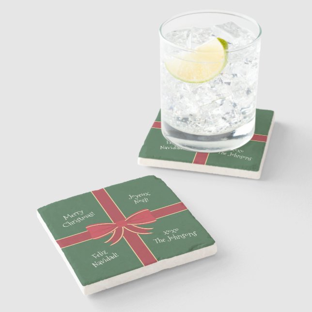 Multiple Language Merry Christmas Red and Green Stone Coaster (Side)