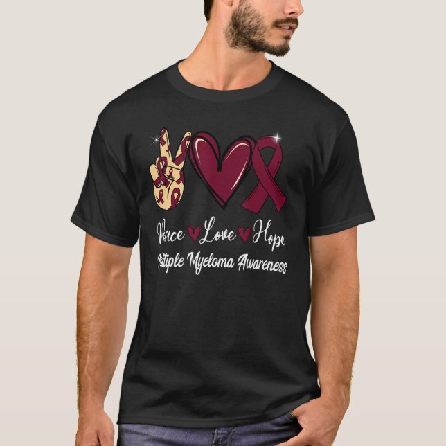Multiple Myeloma Awareness Peace Love Hope Burgund T-Shirt (Front)