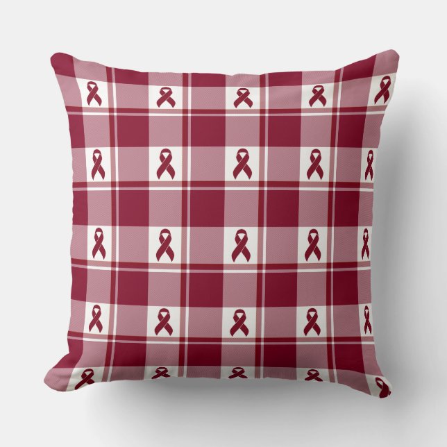 Multiple Myeloma Cancer Awareness Plaid Burgundy Cushion (Front)