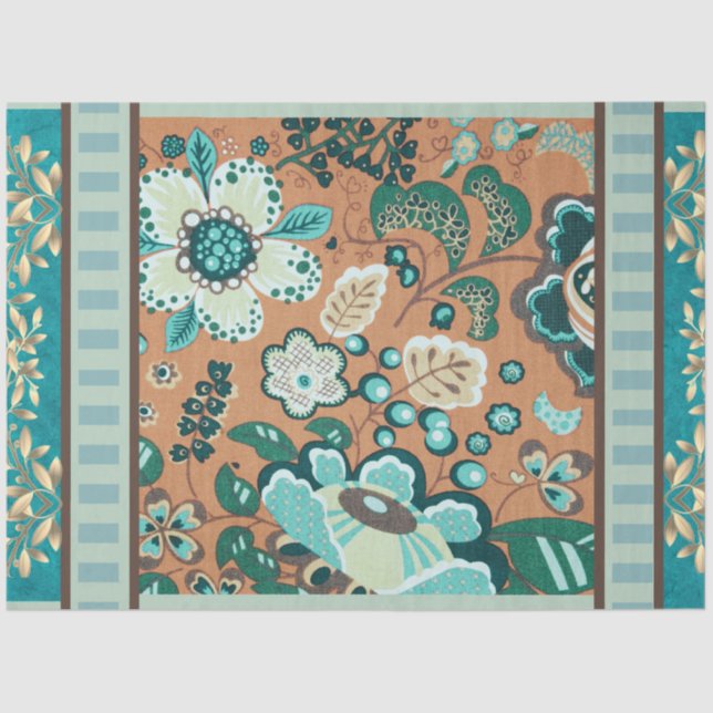 Multiple Patterns, Teal, Green,Rust, Gold, Flowers Tissue Paper (Front)