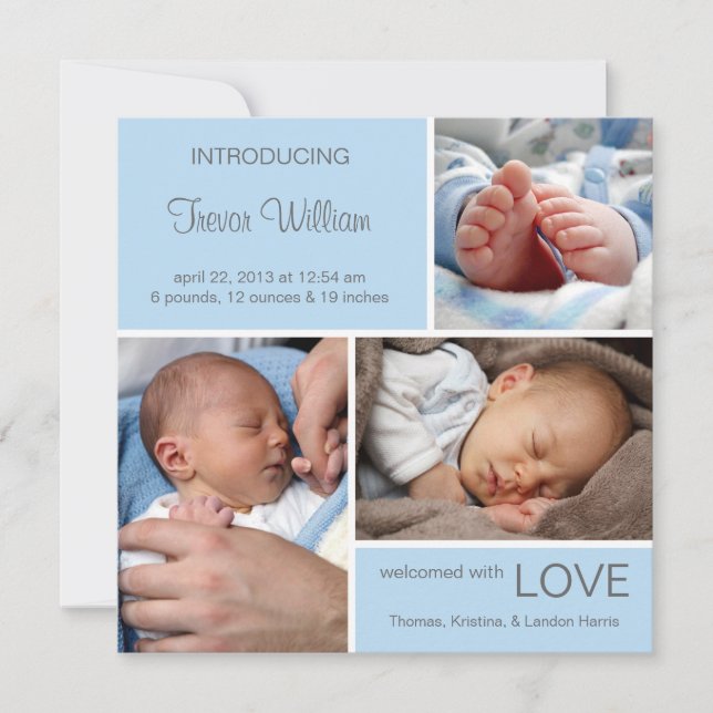 Multiple Photo Birth Announcement//Light Blue Announcement (Front)